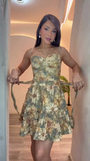 Vestido Floral Corpete Babados - Verde Floral