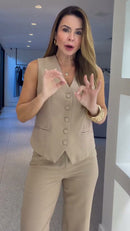 Conjunto Bege Colete Vest Botões Grandes e Calça Reta - Bege Khaki