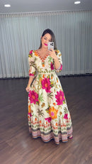 Vestido Longo Estampa Tropical - Off White Estampado