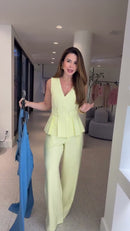 Conjunto Amarelo Limao Top Decote Quadrado Peplum e Calça Pantalona - Amarelo Limao