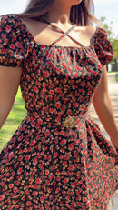Vestido Floral Preto Alças Cruzadas - Preto Floral