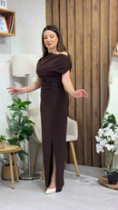 Vestido Longo Café Drapeado - Marrom Café