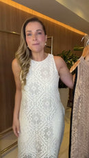 Vestido Midi de Renda Sem Mangas - Branco
