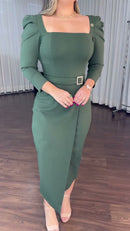 Vestido Midi Envelope Decote Quadrado - Verde Militar
