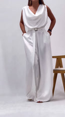 Macacão Pantalona Decote Drapeado - Branco