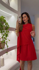 Vestido Vermelho Intenso Sem Mangas Drapeado Assimetrico - Vermelho