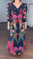 Vestido Longo Estampa Araras - Marinho Estampado