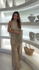 Conjunto Renda Dourada Top Halter Gola Alta e Calça Pantalona - Dourado Champagne