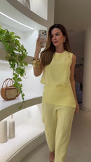 Conjunto Amarelo Limao Top Gola Redonda e Calça Pantalona - Amarelo Limao