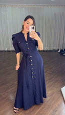 Vestido Chemise Longo Marinho - Azul Marinho