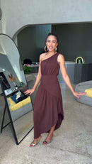 Vestido Midi Um Ombro Marrom - Marrom