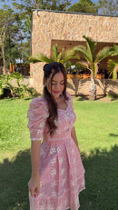 Vestido Rosa Laise Manga Bufante - Rosa