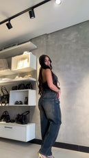 Macacão Jeans Sem Alças Estonado - Jeans Escuro Estonado