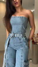 Macacão Jeans Cargo - Jeans Azul