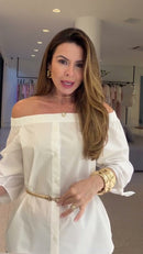 Blusa Off-White Ciganinha Manga Bufante e Ombros Caidos - Off-White