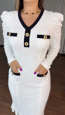 Vestido Midi Tweed Contraste - Branco