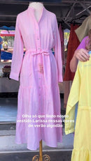 Vestido Camisão Longo Colarinho e Manga Comprida - Amarelo Limao