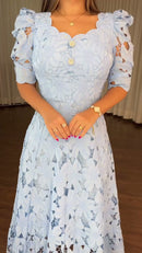 Vestido Midi Guipure Floral - Azul Serenity