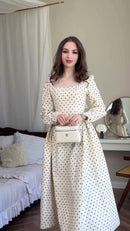 Vestido Midi Poá Manga Bufante - Off White