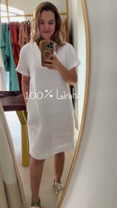 Vestido 100% Linho Branco Curto Manga Curta Gola V - Branco