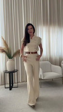 Conjunto Off-White Top Manga Puff Ombros Estruturados e Calça Pantalona - Off-White