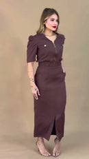 Conjunto Blusa Zíper e Saia Midi - Marrom Chocolate