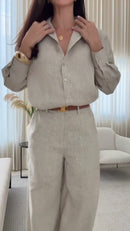 Conjunto 100% Linho Bege Camisa Manga Comprida Colarinho e Calça Pantalona - Bege