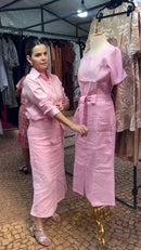 Conjunto 100% Linho Rosa Bebê Blusa Kimono e Saia Midi - Rosa Bebê