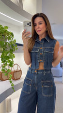 Conjunto Jeans Escuro Colete com Bolsos e Calça Pantalona Cargo - Jeans Azul Escuro
