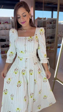Vestido Midi Flores Amarelas - Off White Floral