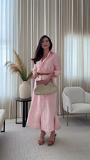 Vestido 100% Linho Rosa Bebê Camisão Colarinho e Saia Evasê - Rosa Bebê