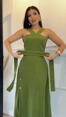 Vestido Longo Decote Cruzado Botões - Verde Oliva