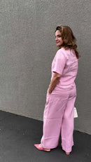 Conjunto 100% Linho Rosa Bebê Blusa Manga Curta e Calça Pantalona - Rosa Bebê