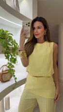 Conjunto Amarelo Limao Top Gola Redonda e Calça Pantalona - Amarelo Limao