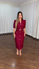 Vestido Midi Tubinho Botões Dourados - Marsala
