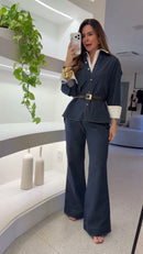 Conjunto Jeans Escuro Blazer Sem Mangas e Calça Pantalona - Jeans Azul Escuro