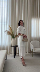 Vestido 100% Linho Branco Camisão Manga Comprida e Cinto Marrom - Branco