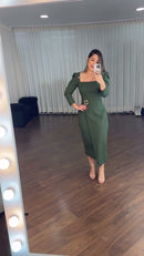 Vestido Midi Envelope Decote Quadrado - Verde Militar