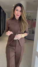 Conjunto Marrom Chocolate Blazer Assimetrico Wrap e Calça Reta - Marrom Chocolate