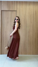Vestido Longo Busto Franzido - Marrom