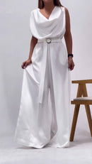 Macacão Pantalona Decote Drapeado - Branco