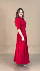 Vestido Longo Vermelho Botões Pérola - Vermelho