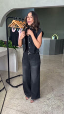 Conjunto Jeans Preto Colete Sem Mangas e Calça Pantalona Wide-Leg - Jeans Preto