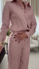 Conjunto 100% Linho Rosa Velho Camisa Manga Comprida e Calça Pantalona - Rosa Velho