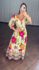 Vestido Longo Estampa Tropical - Off White Estampado