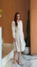 Conjunto Saia Midi Listrado Bordado - Bege Listrado