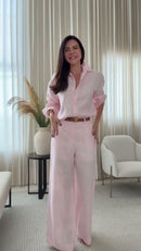 Conjunto 100% Linho Rosa Bebê Camisa Manga Comprida e Calça Pantalona - Rosa Bebê