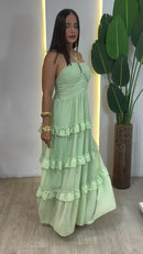 Vestido Longo Menta em Camadas - Verde Menta