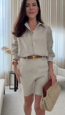 Conjunto 100% Linho Bege Camisa Oversized e Short Midi - Bege