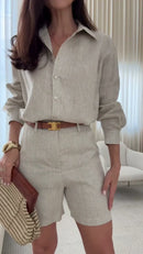 Conjunto 100% Linho Bege Camisa Oversized e Short Midi - Bege